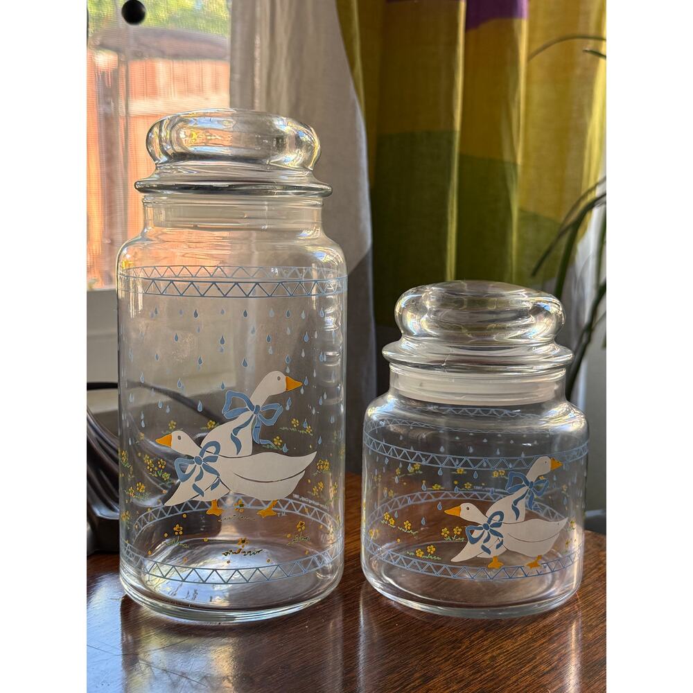 Vintage Goose Glass 2 Canisters Farmhouse Kitchen Jar Country Blue Ribbon